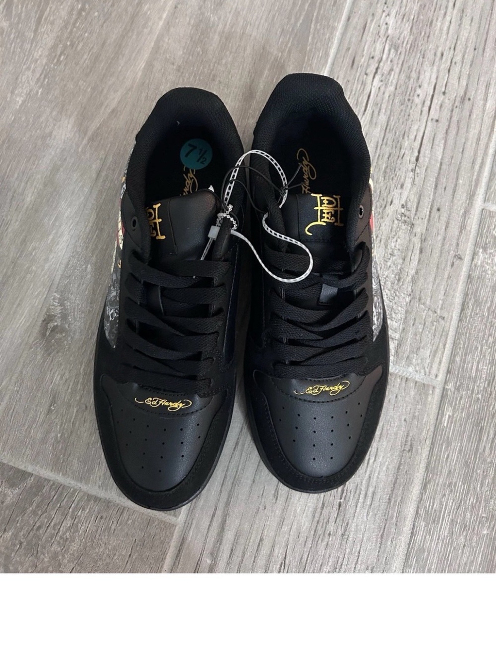 Ed Hardy Black Low-Top Sneakers with Gold Logo